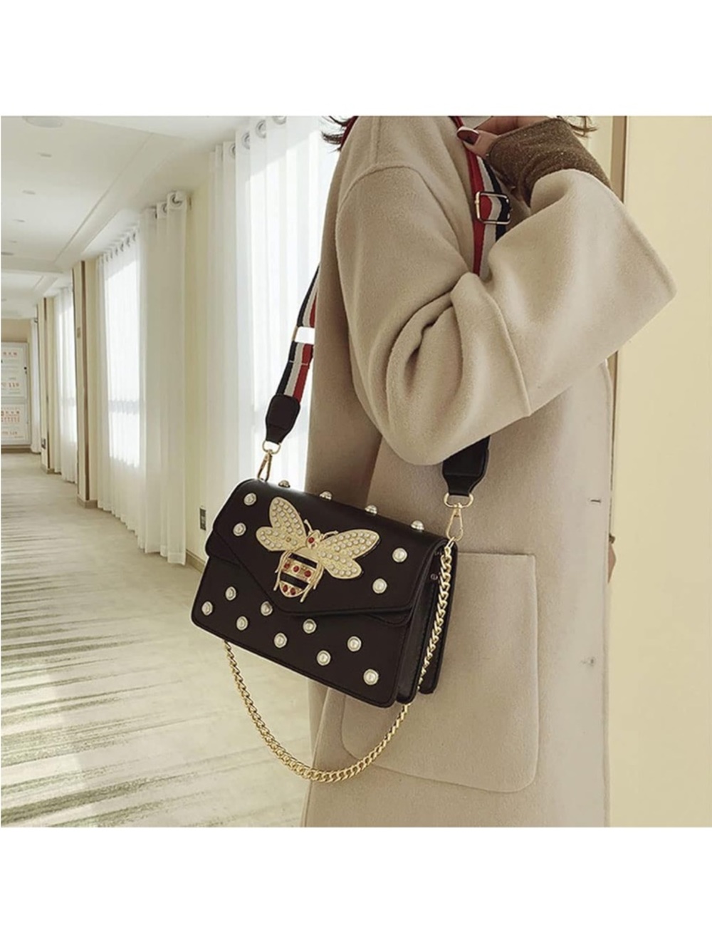 Black Pearl-Embellished Bee Crossbody Bag nwt - Picture 3 of 4